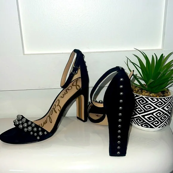 🪩SAM EDELMAN•Yoshi Black Suede Sandals silver studded embellishment •Size 7.5 - Picture 17 of 17